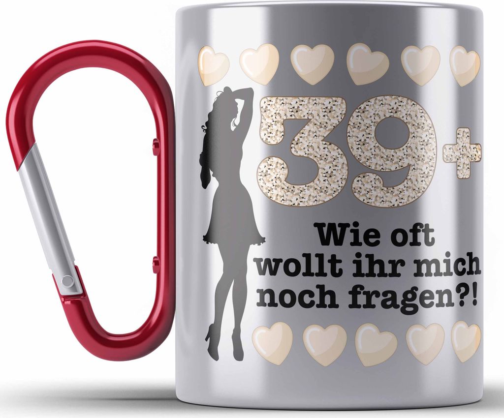 Trendation - 40. Geburtstag Frauen Edelstahl Tasse Karabiner Geschenk Geschenkidee 40er Geburtstag Spruch Perfektion Mama Mutter (Rot)