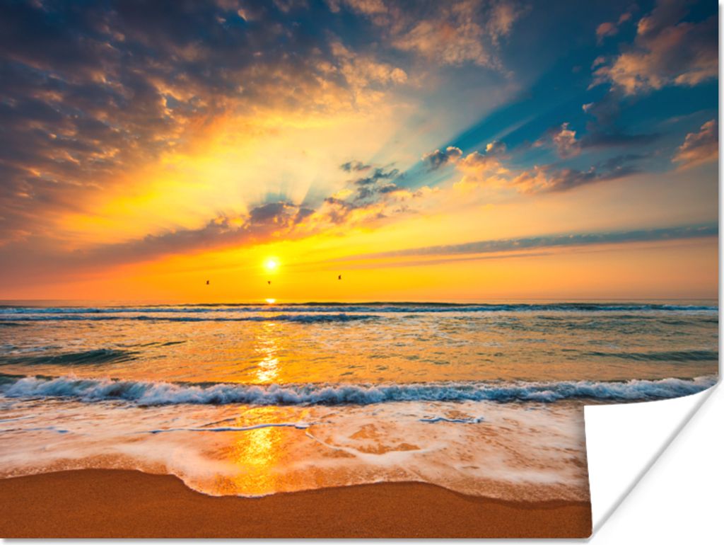 MuchoWow Poster Sonnenuntergang - Strand - Meer - Wolken - Orange 120x90 cm - Wandbild