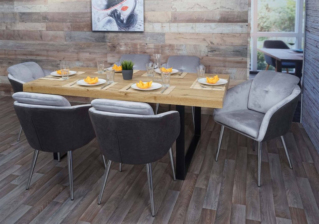 6er-Set Esszimmerstuhl HWC-G48, Küchenstuhl Polsterstuhl Lehnstuhl, Kunstleder Samt mit Armlehne MVG- grau