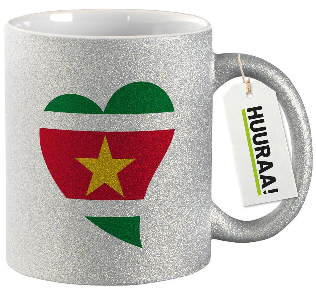 Huuraa Glitzertasse Surinam Flagge Herz 330ml Silber Keramik Kaffeebecher Geschenkidee