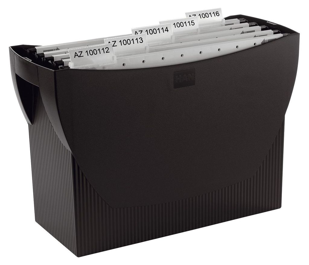 A black hanging file box with hanging files inside.