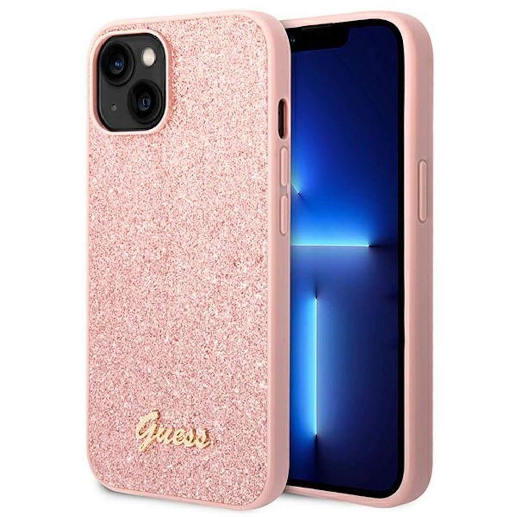 A pink glittery phone case with the 'Guess' logo in gold, shown on a white background next to a smartphone.