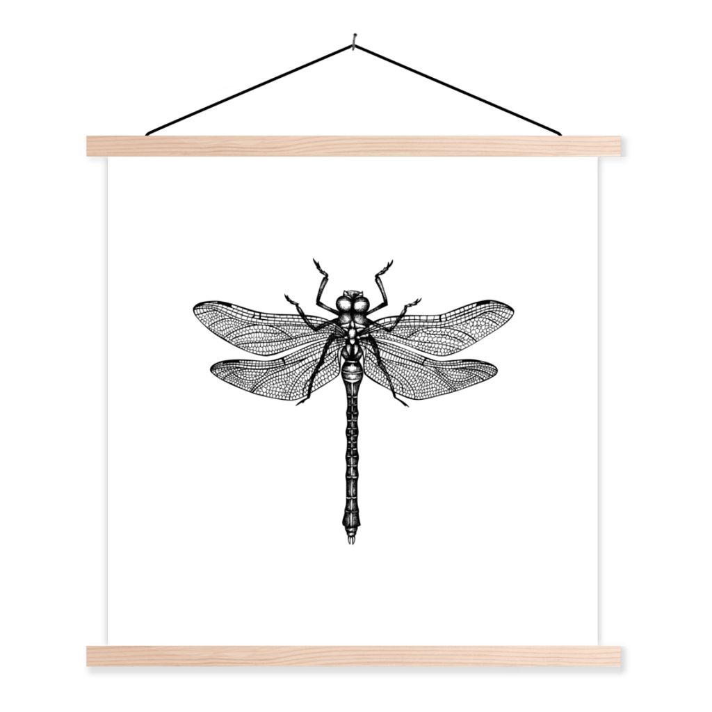 MuchoWow Textilposter Libelle - Insekten - Retro - Schwarz und weiß 40x40 cm mit holzfarbenen Rahmen - Posterleiste