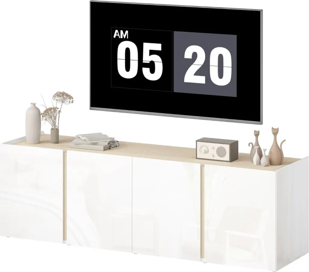 Banc TV blanc avec étagères réglables et rangement pour salon moderne