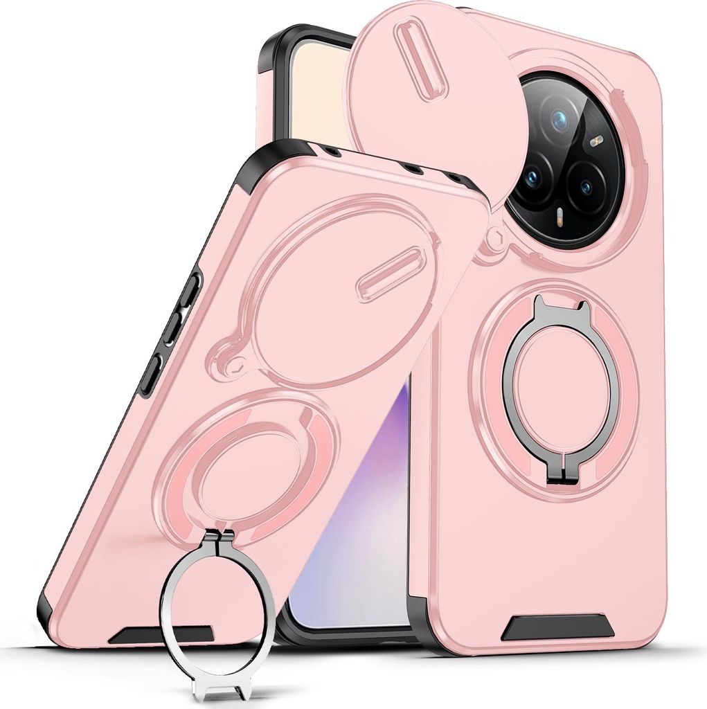 Handyhülle für Realme 14 Pro Dual-Layer Stoßfest Militär Hülle mit Dia Kameraschutz und Magnetisch Ring Ständer Pink