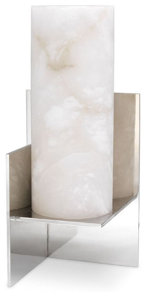 Casa Padrino Designer Tischleuchte Silber / Alabaster 18,5 x 18,5 x H. 40 cm - Moderne Tischlampe mit Alabaster Lampenschirm - Luxus Kollektion
