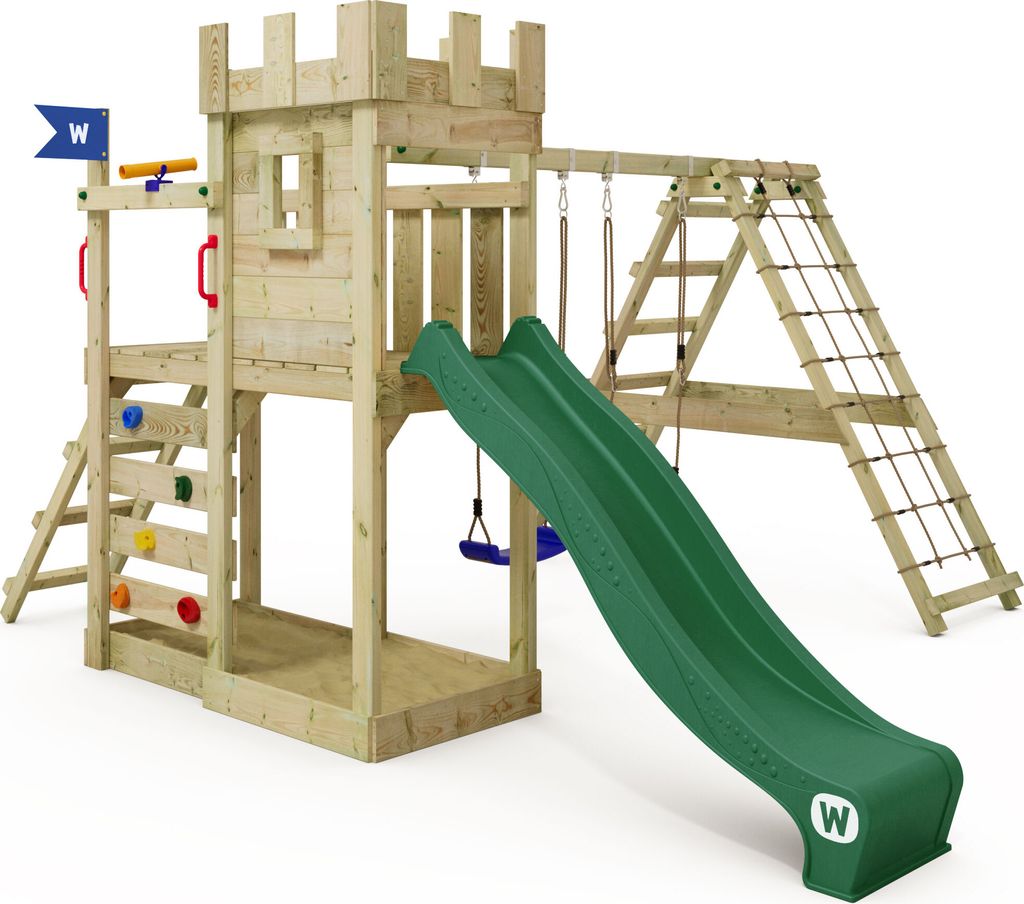 WICKEY Spielturm GateFlyer mit Kletteranbau, Doppelschaukel und Rutsche - grün