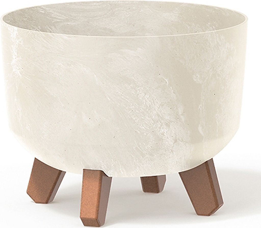 A cream-colored planter with a marbled pattern sits on three brown legs against a white background.