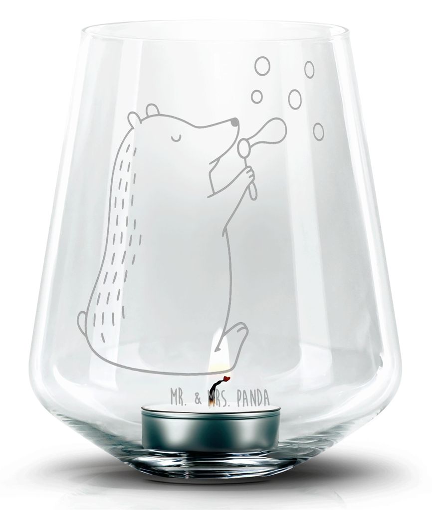 Mr. & Mrs. Panda Kerzenhalter Bär Seifenblasen - Transparent - Geschenk, Laterne, Glas Windlicht, Teddy, Teelichthalter, gravur, Lustig Sein Glüc...