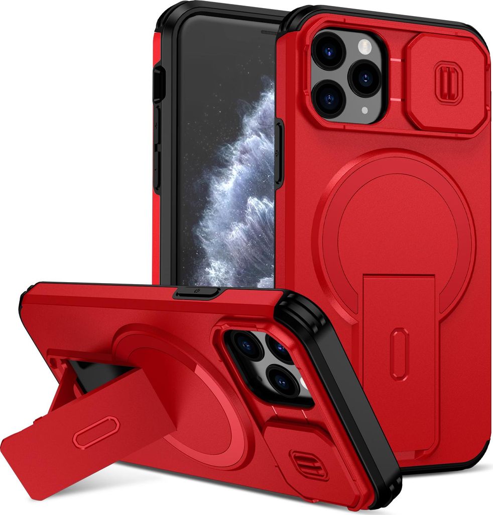 Magnetisch Hülle für iPhone 11 Pro, Dual Layer Stoßfest Handyhülle mit Dia Kameraschutz, Verstellbarem Ständer Rot