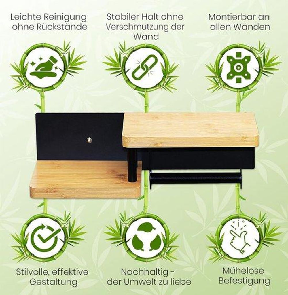 Stahl und Bambus WC-Papier- und Rolenhalter mit 2 Platten, montage ohne Bohren