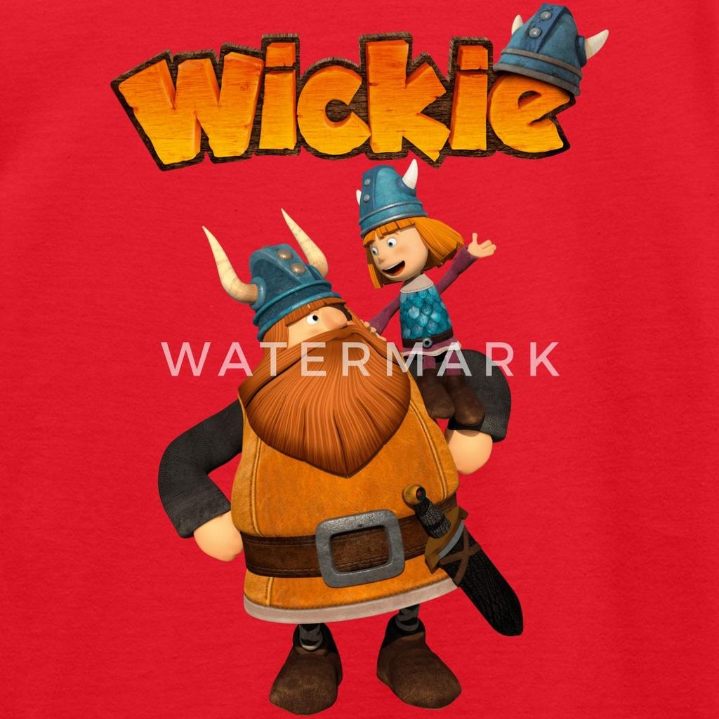 Spreadshirt Wickie Und Die Starken Männer Wickie Mit Papa Halvar Kinder T-Shirt, 110/116 (5-6 Jahre), Rot