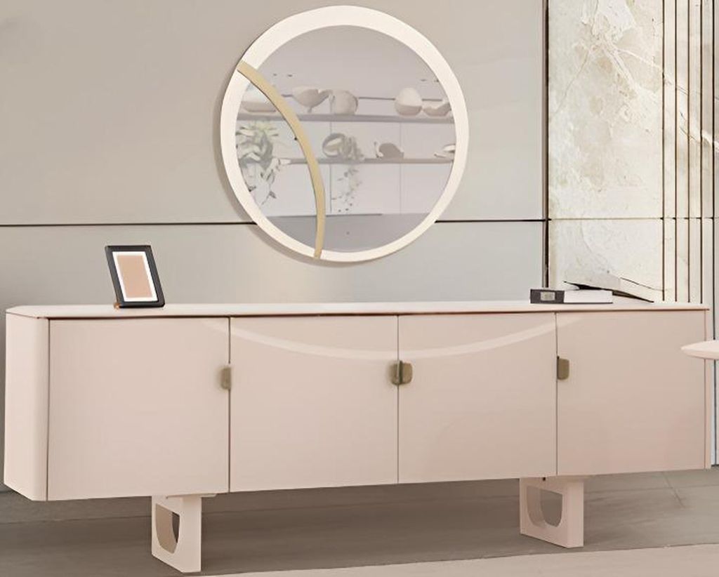 Modernes Beiges Esszimmer-Set – Holzsideboard, Rundspiegel & Esszimmermöbel