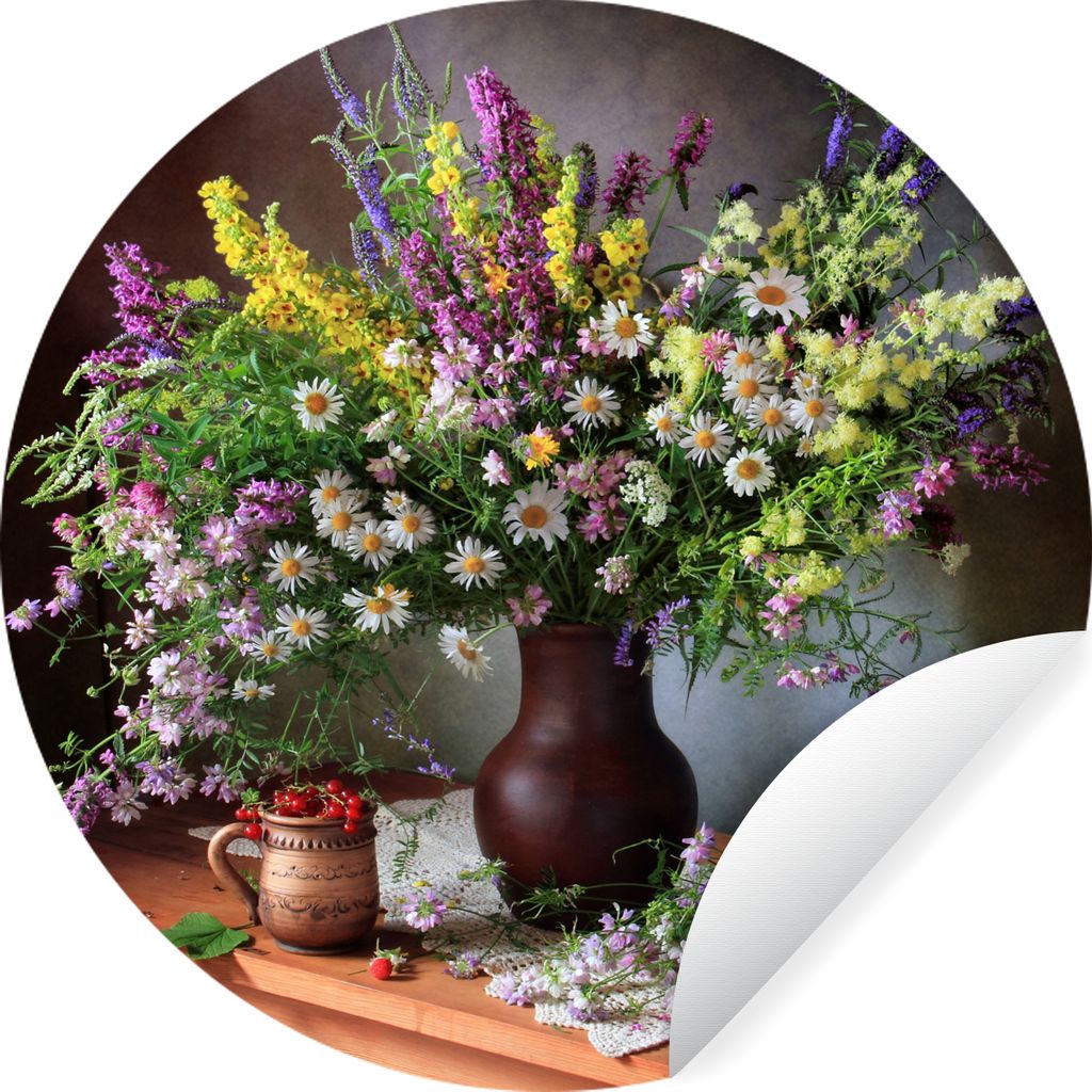 MuchoWow Runde Wandtattoo - Wandsticker Tapete Aufkleber Blumen - Tisch - Stilleben - Blumenstrauß - Vase Ø 100 cm Selbstklebend und Reposition...