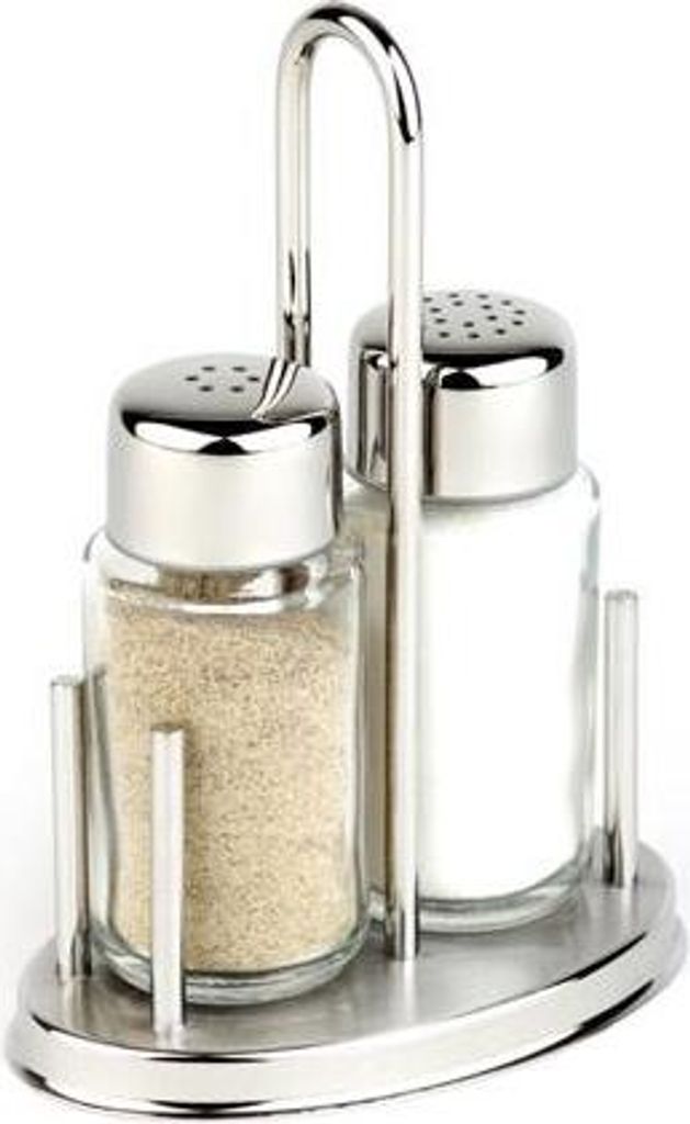 APS 40310 Menage CLASSIC, Ständer aus Edelstahl, Salz- und Pfefferstreuer aus Glas, 10,5 x 6,5 cm, Höhe 16 cm
