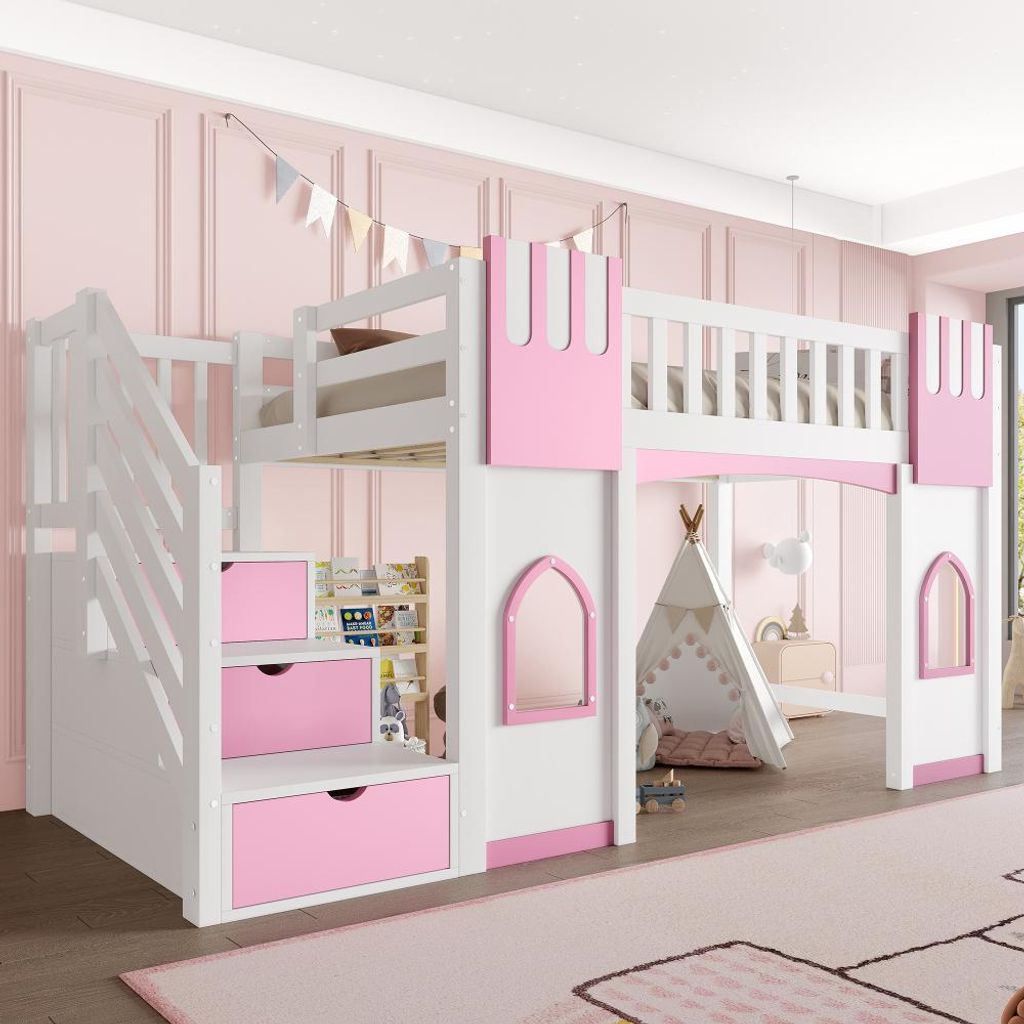 Kinderhochbett mit Stauraumtreppe und Fenster, MDF Kiefer, Produktbild 