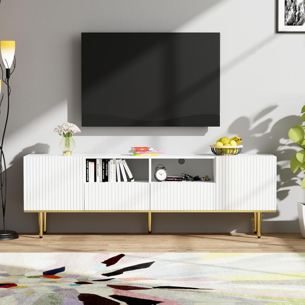 Moderner TV-Schrank, TV-Möbel mit goldenen Füßen und goldenem Rand Beschreibung