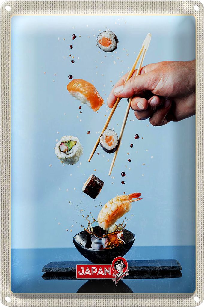 Blechschild Reise 20x30cm Japan Asien Sushi Fisch Stäbchen essen