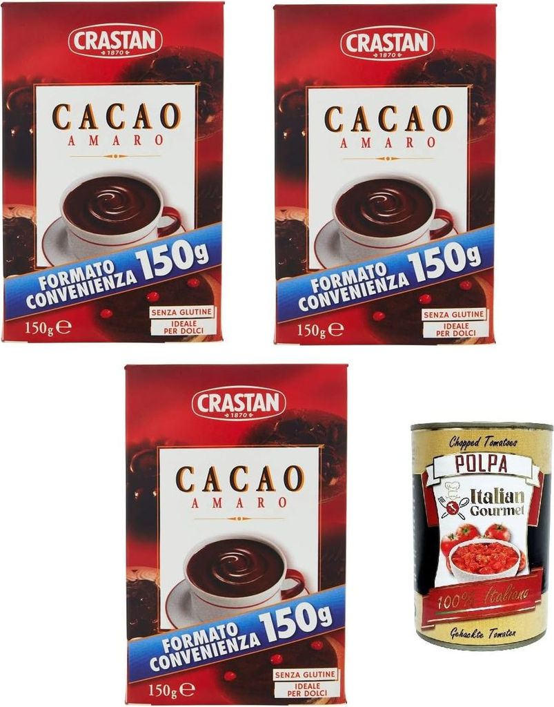Crastan, cacao in polvere, Kakaopulver, Ideal für süß und cakes, gluten free 3x 150g + Italian Gourmet polpa 400g