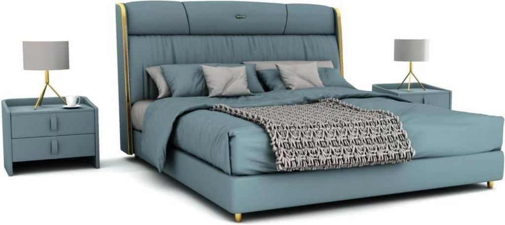 Blaues Schlafzimmer Doppelbett Designer Möbel LED-Bett Holz Textilbetten