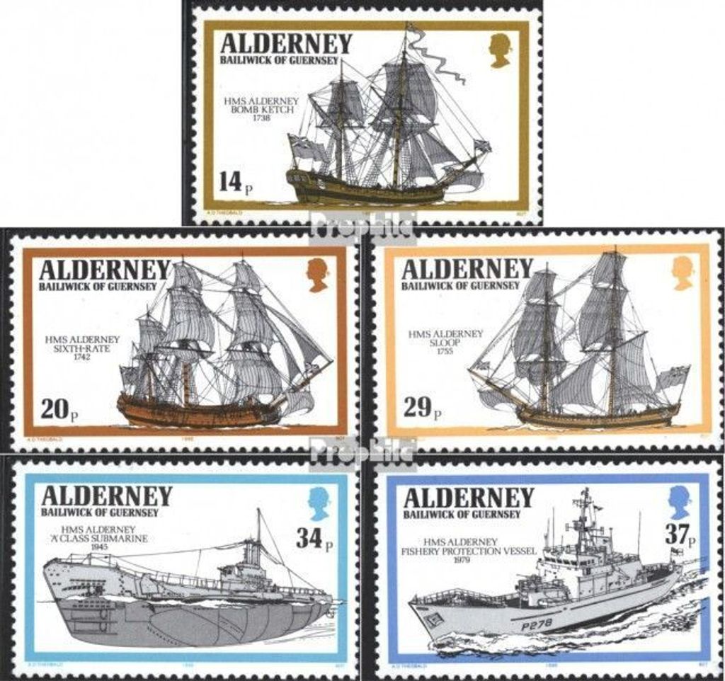 Briefmarken GB - Alderney 1990 Mi 43-47 (kompl.Ausg.) Jahrgang 1990 komplett postfrisch Kriegsschiffe