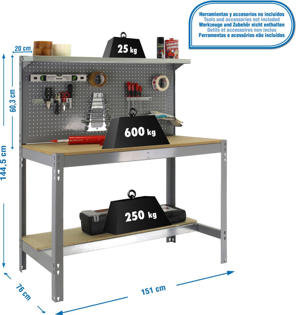 PROREGAL Werkbank BUFFALO mit Werkzeugwand und Ablage | HxBxT 84x150x61cm | Traglast 600kg | Grau