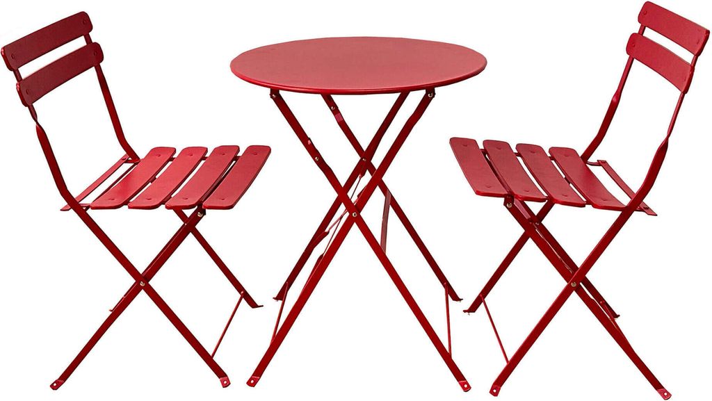 A red metal bistro set with a round table and two chairs, set against a white background.