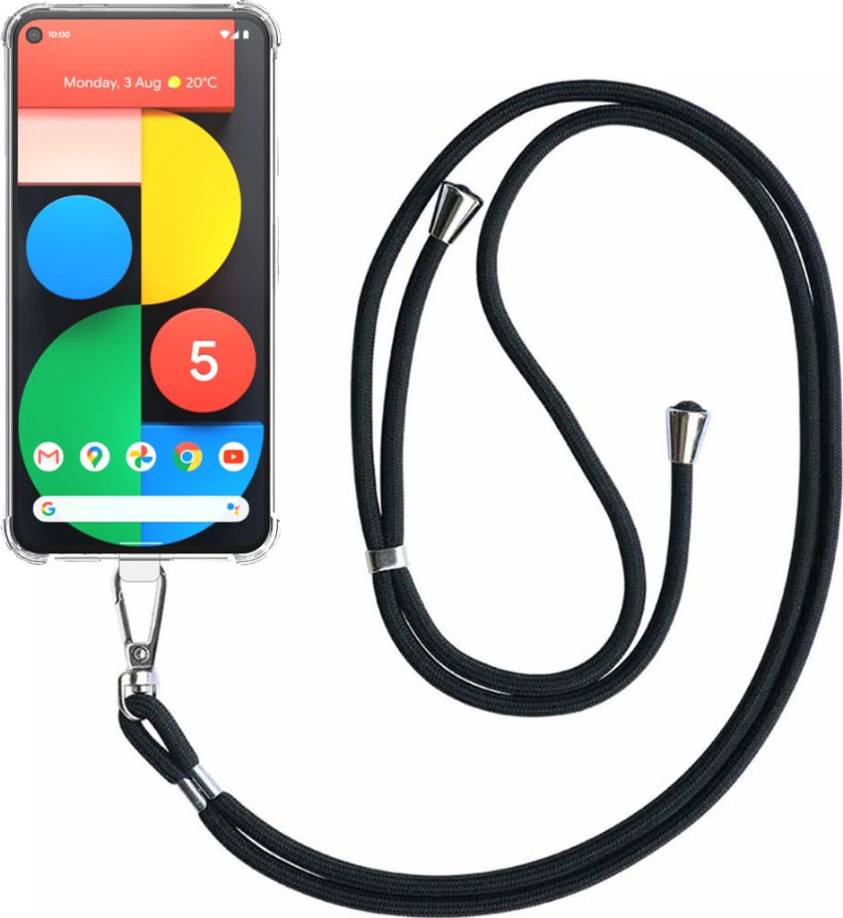 Handyhülle passend für Google Pixel 5 Transparent ShockProof mit abnehmbarem Universal-Telefonkabel - Schutzhülle Silikon ShockProof mit Lanyard...
