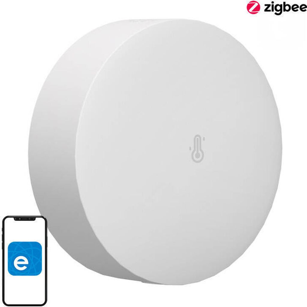 A white Zigbee temperature and humidity sensor is shown next to a smartphone displaying an app icon.