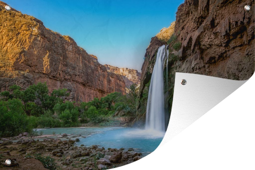 MuchoWow 90x60 cm Outdoor-Poster Gartendeko Sichtschutz Garten Poster für den Garten Wasserfall - Berg - Pflanzen