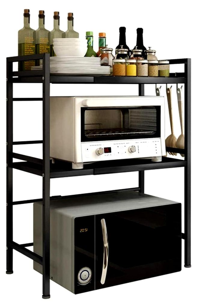 Teleskopregal für die Küche, Küchenorganizer, stehend, 2 Ebenen, verstellbare Länge (40 – 64 cm), Halterung für Mikrowelle, Gewürzregale, S...