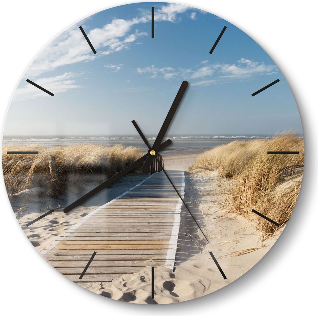 DEQORI Glasuhr Ø30 cm Modern 'Strandaufgang am Meer' Produktbild 