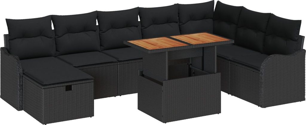 Möbel 9-teiliges Garten Sofa Set mit Kissen Schwarz Poly Rattan, 2-Sitzer Garten Sofa mit Stauraum & Kissen Schwarz Poly Rattan - Gartensofas 3361289