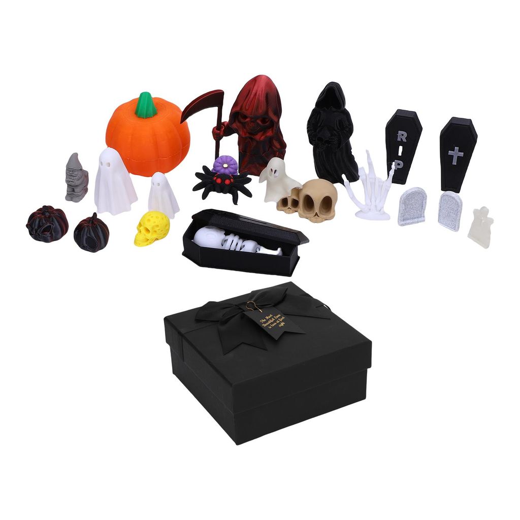 Kürbis-Geisterschädel-Ornamente, 3D-gedruckte Grabsteine, Särge, Spinnen, Katzen-Miniaturfiguren für Zuhause
