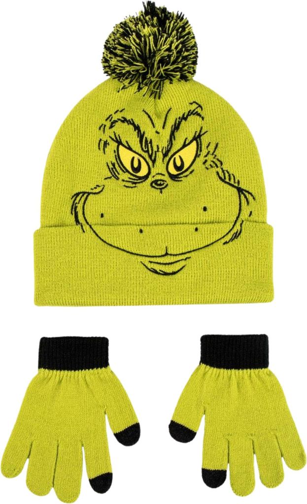 A green Grinch-themed beanie hat with a pom-pom and a pair of matching gloves are displayed against a white background.