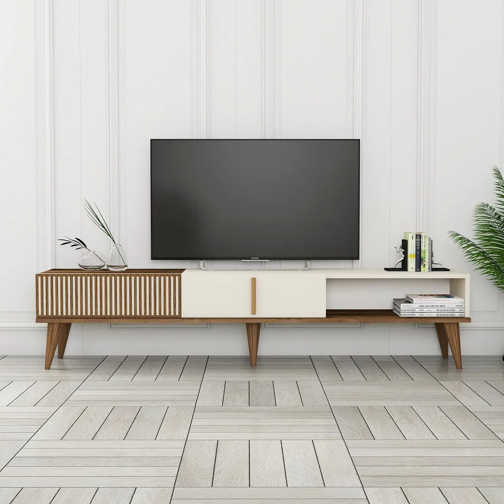 Meuble TV Design Noyer et Crème Milan Alt, Finition Premium 180 x 40 cm