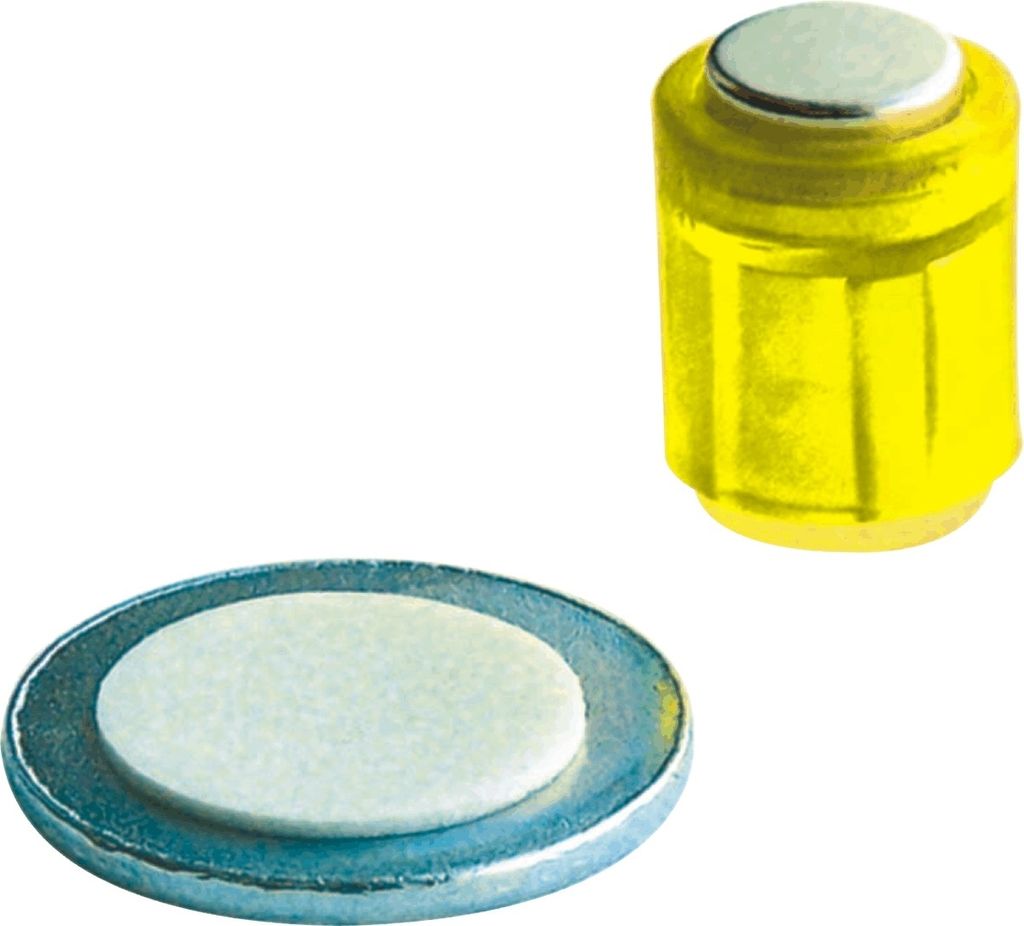 Magnet Zylinder 14x9mm mit selbstklebender Metallscheibe bis 1900g VE=10x4 Stück kristallgelb