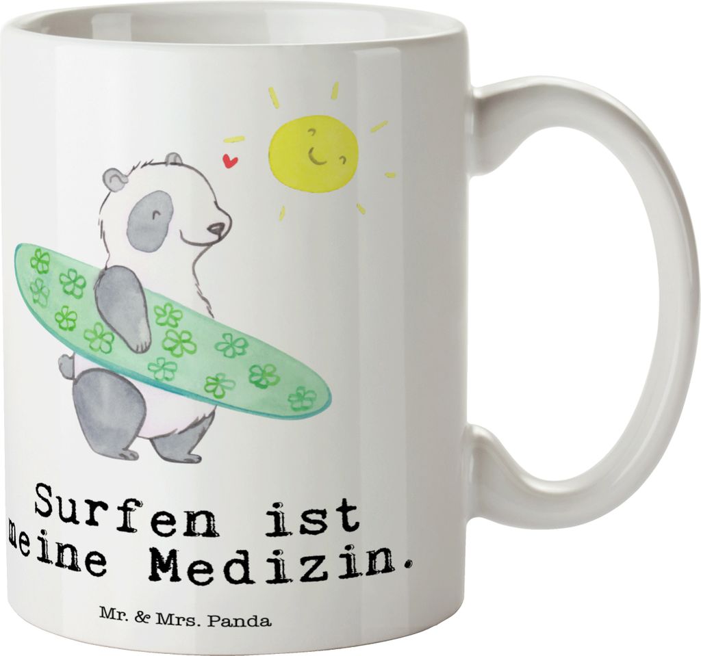 Mr. & Mrs. Panda Tasse Panda Surfen - Weiß - Geschenk, Teetasse, Kaffeebecher, Erholung, Surfschule, Kaffeetasse, Wellenreiten, Keramiktasse, Becher
