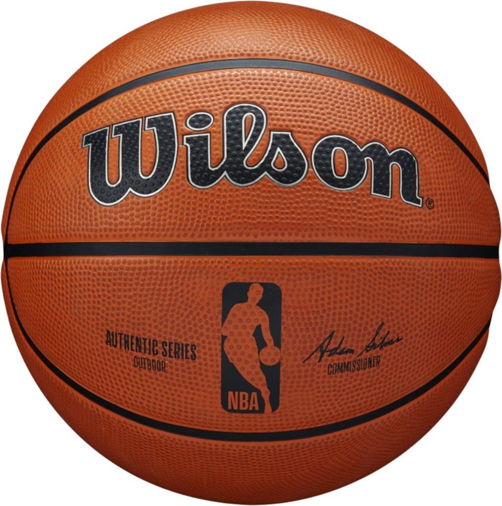 A close-up of a Wilson NBA Authentic Outdoor basketball.