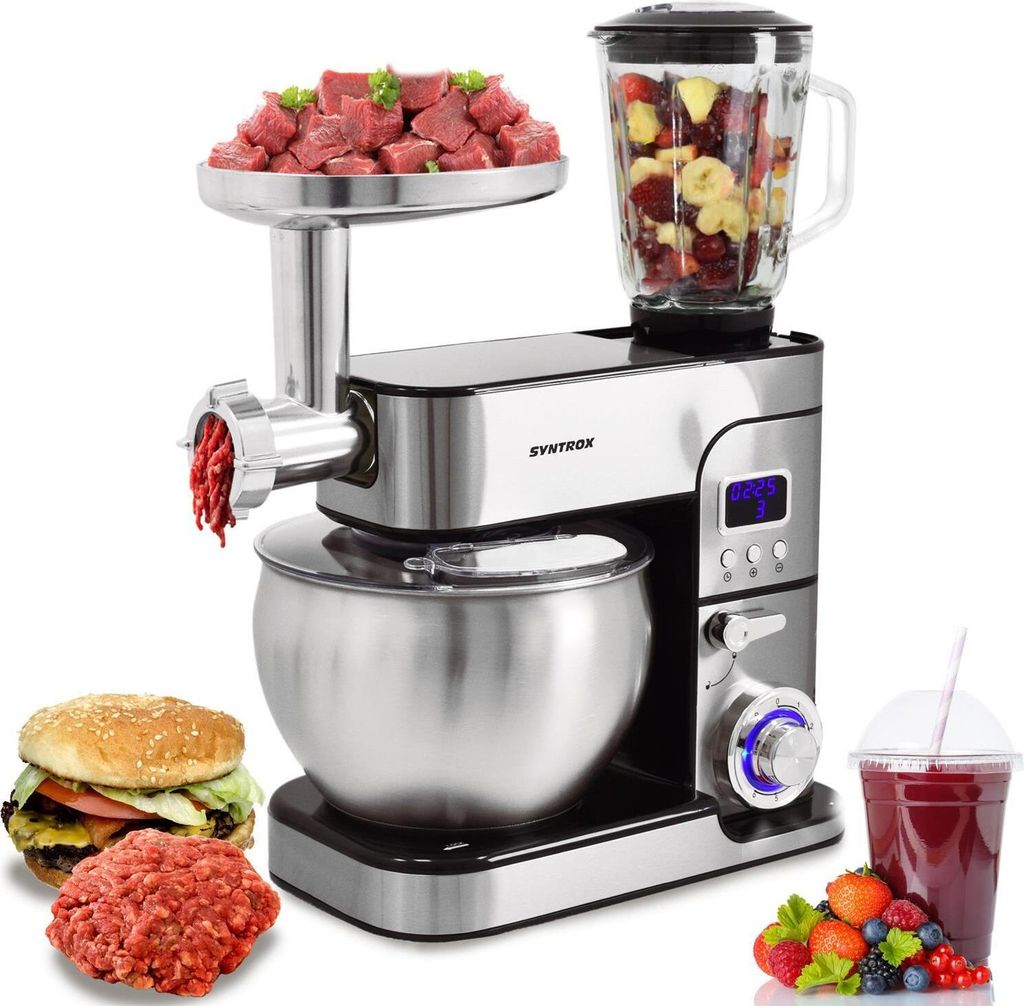 Syntrox Germany Küchenmaschine Glumya 7,0 l mit Fleischwolf, Mixer & Teigknetmaschine – 1300 W, 6 Geschwindigkeitsstufen, LED-Display (Schwarz)