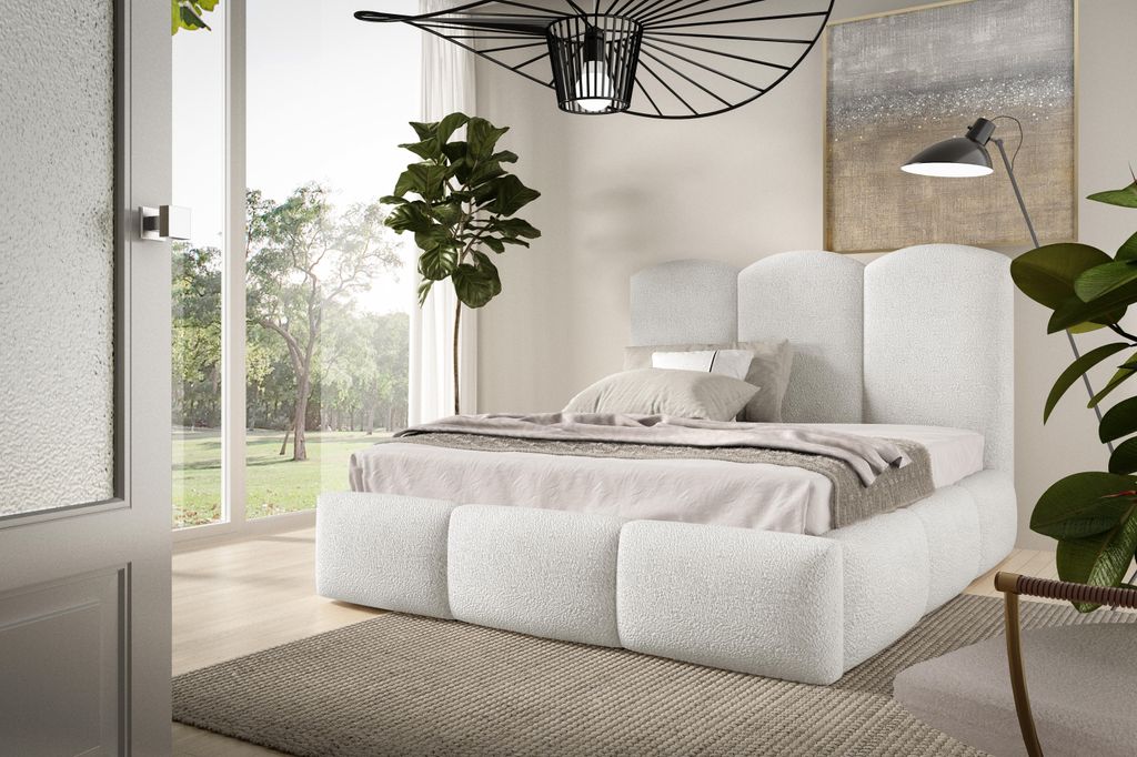 Polsterbett BAILEY 140x200 - Bett mit Bettkasten, Bubble Bett, Doppelbett mit Stauraum und Lattenrost, Schlafzimmer - Weiß