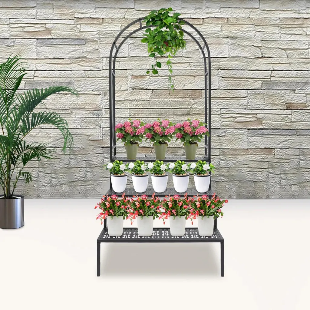 Support pour plantes à étages avec arche décorative en métal inoxydable