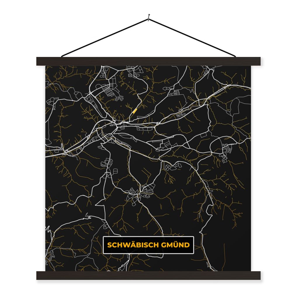 MuchoWow Textilposter Schwarz und Gold - Stadtplan - Schwäbisch Gmünd - Deutschland - Karte 60x60 cm mit schwarzem Rahmen - Posteraufhänger