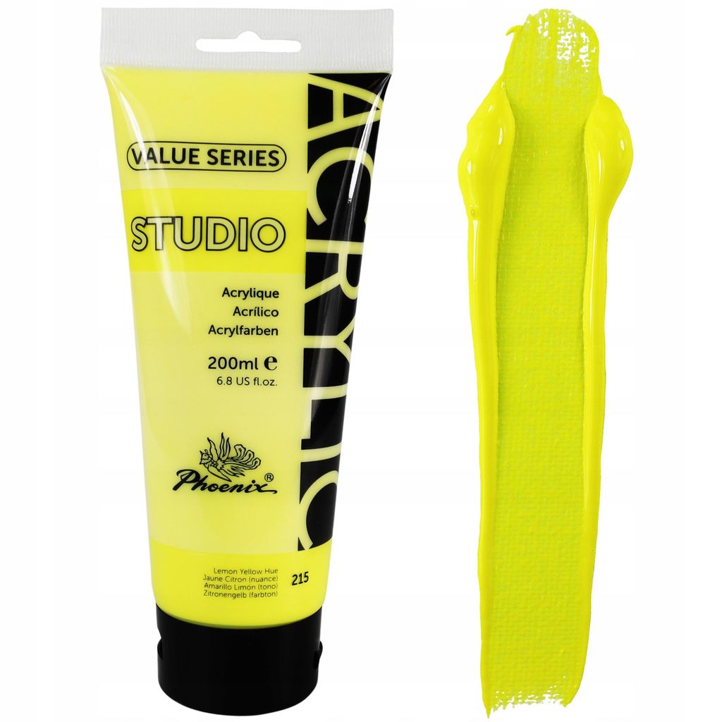 Acrylfarbe 200ml Tube Phoenix – 215 Zitronengelb (Lemon Yellow Hue) – Künstlerfarbe Studio Qualität – Wasserfest für Leinwand, Holz, Steine