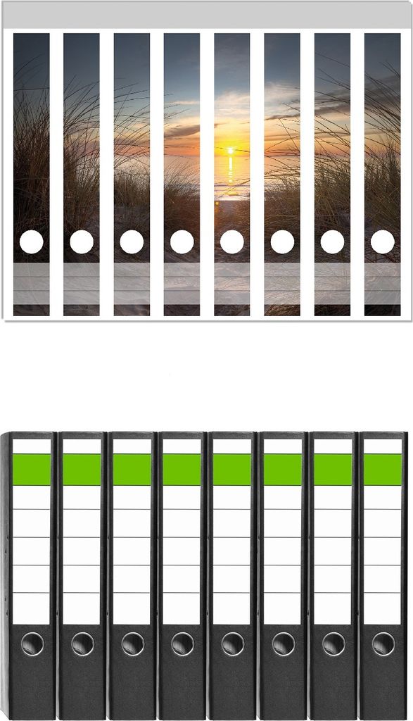 Wallario 8 Stück schmale Ordner inkl. Klebeetiketten mit Motive Sonnenuntergang am Strand - Set mit Rückenschildern / Ordnerrücken Stickern