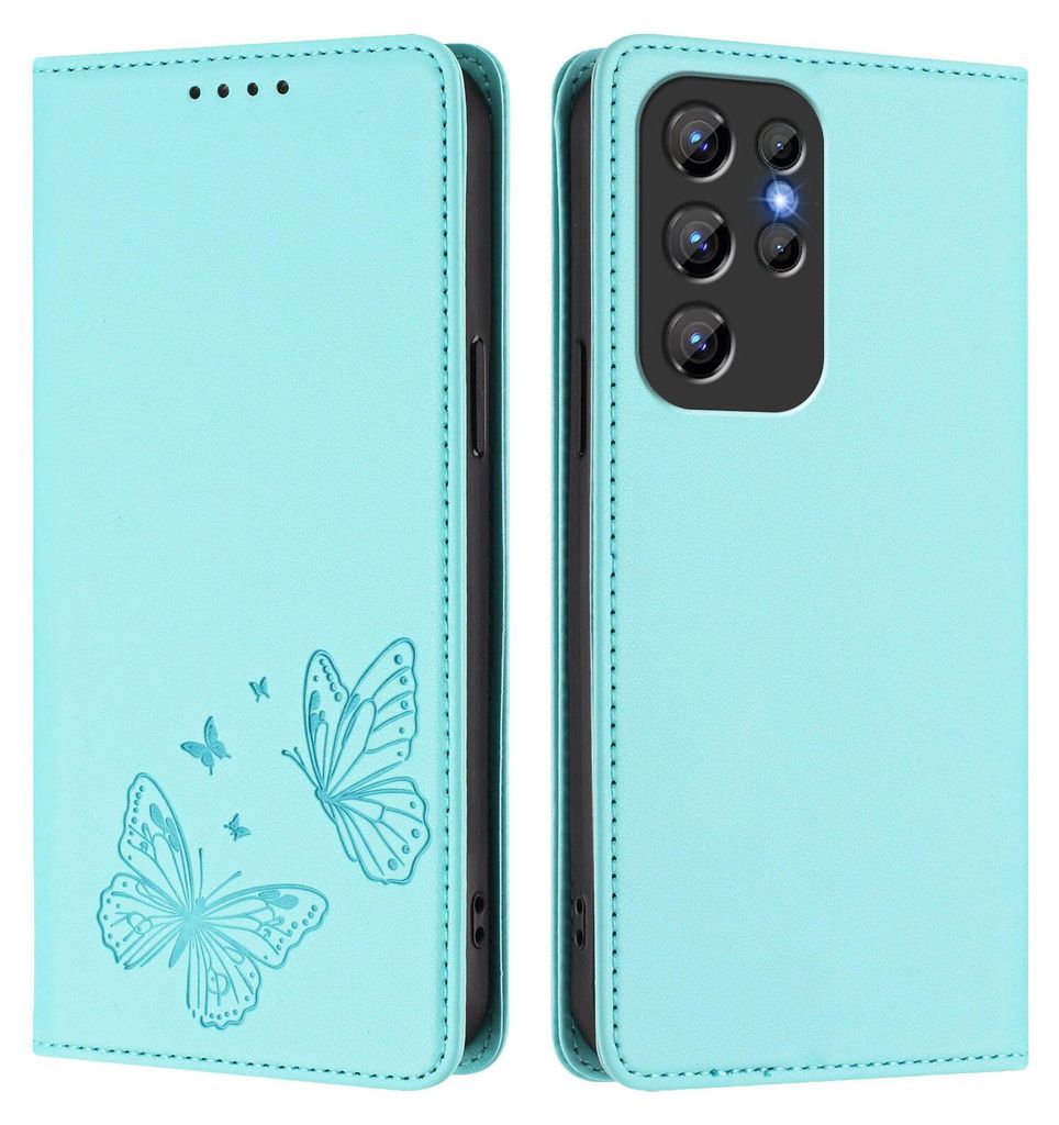 Lederhülle für Oukitel C1 / C1 Pro, Schmetterling Prägung Leder Brieftasche Schutzhülle mit Ständer Türkis