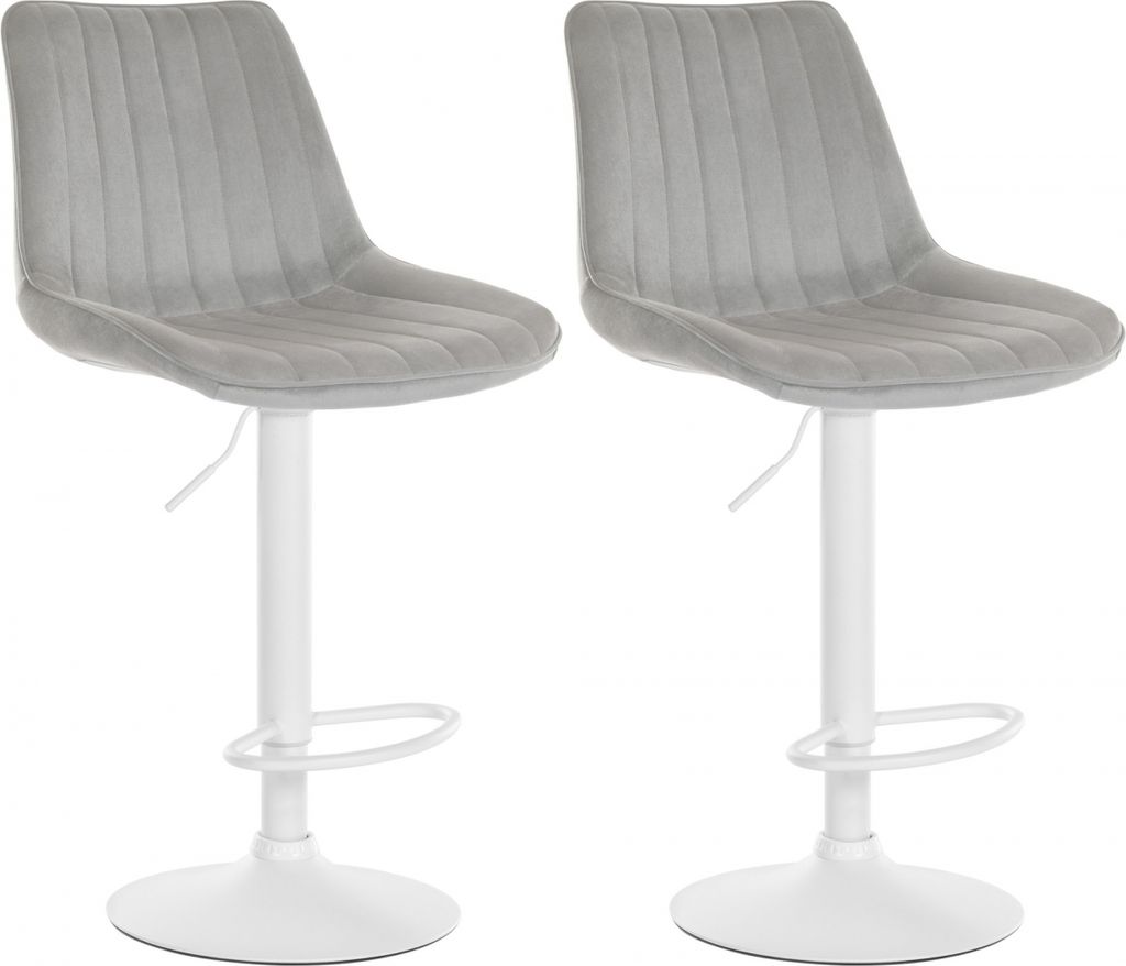 Two gray bar stools with white bases and stems are shown against a white background.