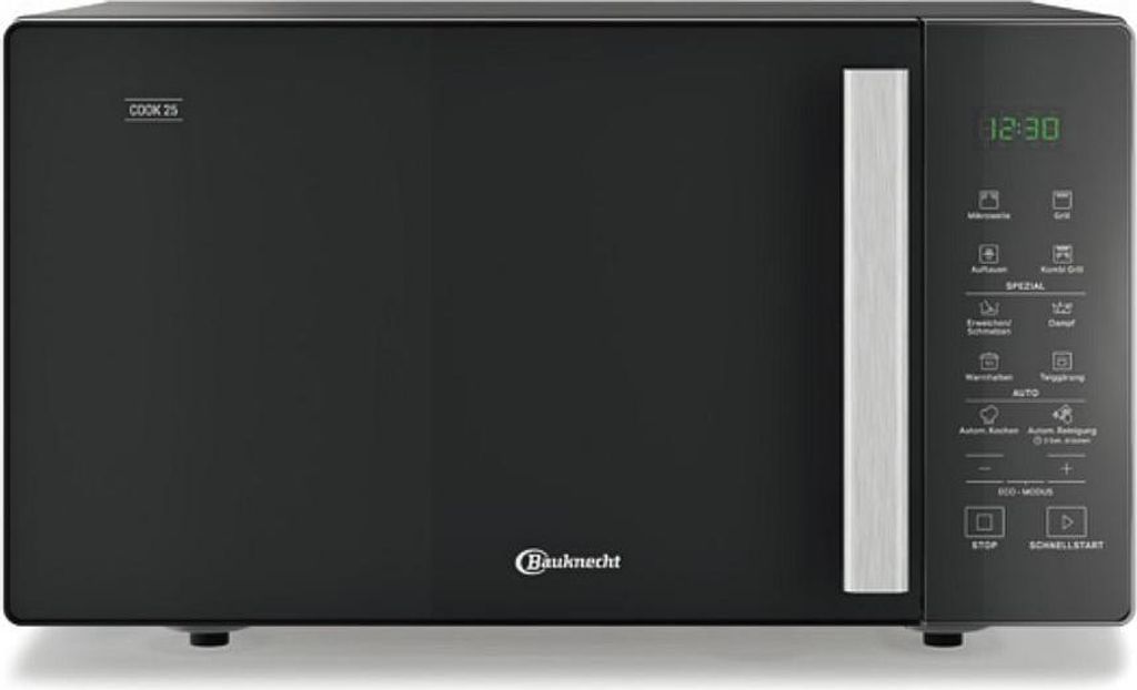 A black Bauknecht microwave oven is shown from the front, against a white background.