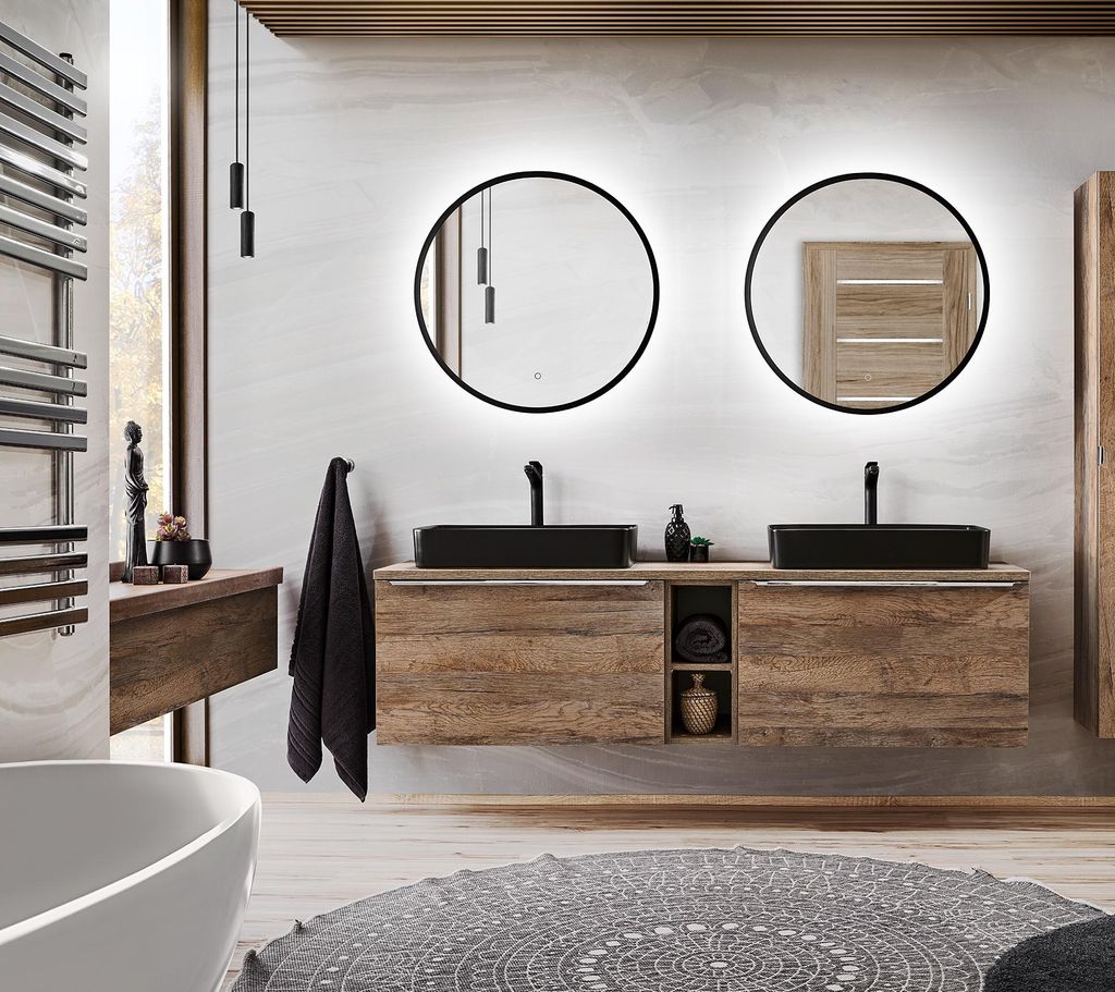 Badmöbel Set 5-tlg Badezimmerset AKAN Vintage Eiche Spiegel 80cm ohne Waschtisch