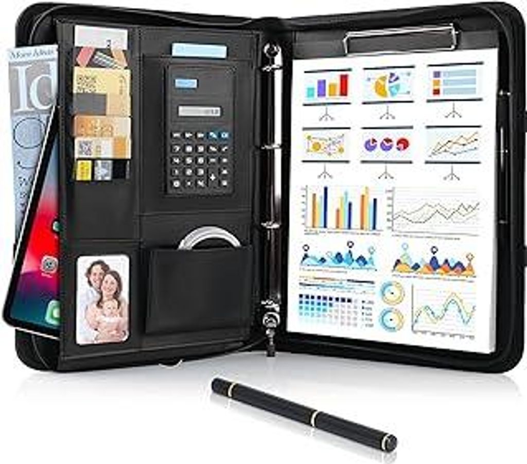 Schreibmappe A4, Konferenzmappe Leder, Dokumentenmappe mit Reißverschluss, Wasserdicht Aktenmappe mit Ringbuch Klemmbrett Notizblock, Portfolio Pa...